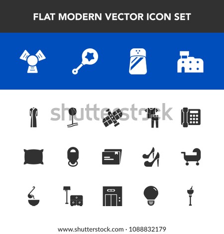 Modern, simple vector icon set with bucket, female, drink, fashion, rattle, planet, space, child, pillow, seasoning, bed, collection, architecture, phone, cooler, salt, toy, technology, cold icons