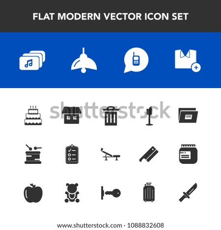 Modern, simple vector icon set with phone, pie, check, white, restaurant, music, dessert, sign, ringing, file, communication, fitness, musical, knife, t-shirt, house, mark, food, recycle, drum icons