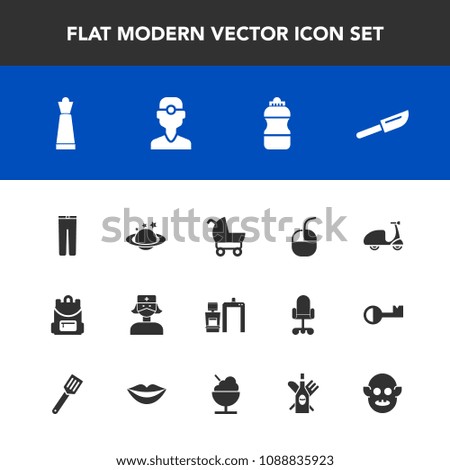 Modern, simple vector icon set with globe, pants, ride, restaurant, school, machine, device, earth, nature, trousers, health, piece, pram, cutlery, fork, child, game, baby, chess, mouse, xray icons