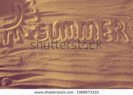 Sun on sand on beach holiday background sign concept with text summer
