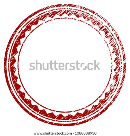 Round rosette seal distress textured template. Vector draft element with grainy design and scratched texture in red color. Designed for overlay watermarks and rubber seal imitations.
