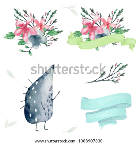 hedgehog watercolor bounquet design flowers bounquet data bird spring green flowers frame drawing illustration geometric clip art for birthday party print celebration clothing on white background.