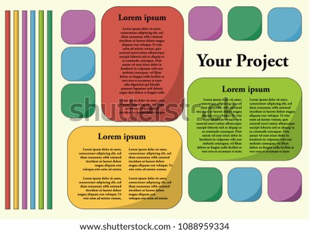 Template for information, education looked colorful and lively with red,green,yellow,pink and blue and have the line of six color in the left side.