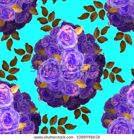 Watercolor Roses. Seamless Pattern with Floral Medallions. Hand Drawn Roses and Leaves Digitally Finished in Photoshop. Seamless Floral Pattern in Victorian Style in Crazy Colors. Bouquets.