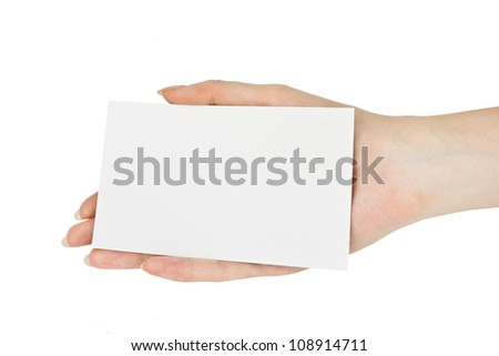 hand holding blank paper business card, closeup isolated on white background
