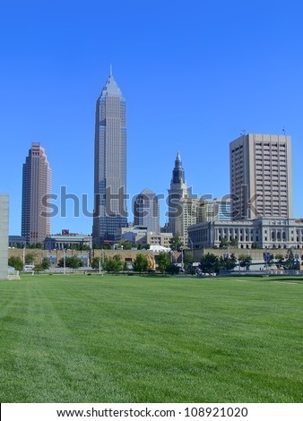 Downtown Cleveland skyline with park in the foreground
