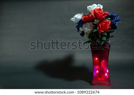 Memorial day flowers with black background and light inside the vase