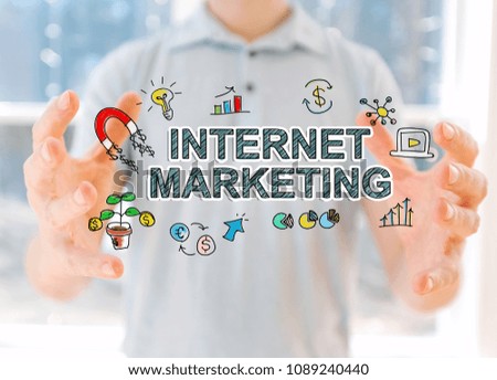 Internet Marketing with young man holding his hands