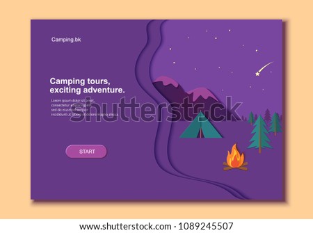 Evening camp whith bonfire and tent pine forest and rocky mountains in trandy paper cut style.. Camping in wild nature at night. Starry night sky and shooting star. Vector card illustration
