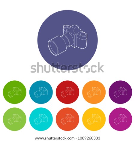 Photo camera with lens icon in outline style isolated on white background. Shooting symbol