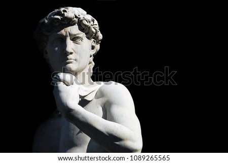 Michelangelo's David statue on black background, with place for your design or text Royalty-Free Stock Photo #1089265565