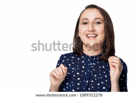 Happy joyful woman on white background. Positive emotions, expressive facial features. Win, Victory concept