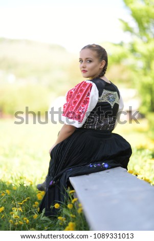 Slovakian folklore dancer. Traditional folk dress.