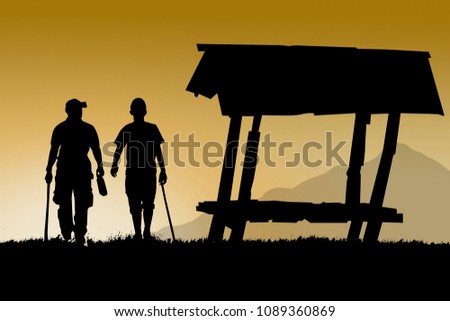 Silhouette of shadow nature meadow and mountain with man friends walk together near cabin for travel and trail sport.