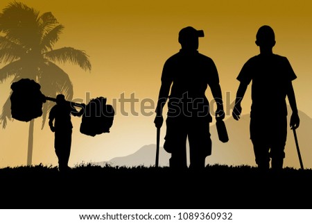 Silhouette of shadow nature meadow coconut tree with man friends walk together and Bearer for travel to mountain.