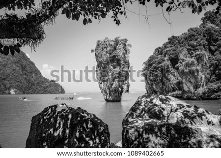Black and white picture of James Bond Island in Phang Nga Bay, Thailand