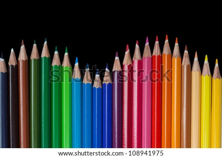 A vivid image with various colored pencils such as yellow, orange, red, pink, green and blue.