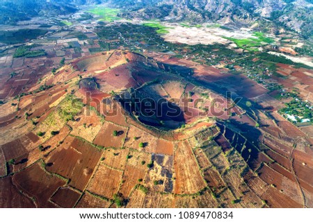 Aerial view of  Chu Dang Ya mountain near Pleiku city, Gia Lai province, Vietnam. Chu Dang Ya mountain is a volcano that has stopped working

