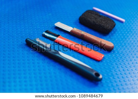 Acessories for the grooming and nail clipper for cats and dogs. The concept of advertising grooming and caring for dogs. Tools for trimming and plucking wool dogs