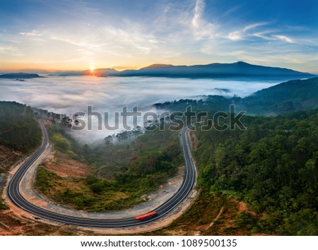Aerial view of Highway 27c or Provincial Route 723 from Da Lat city to Nha Trang city at Long Lanh pass, Lam Dong province, Vietnam
