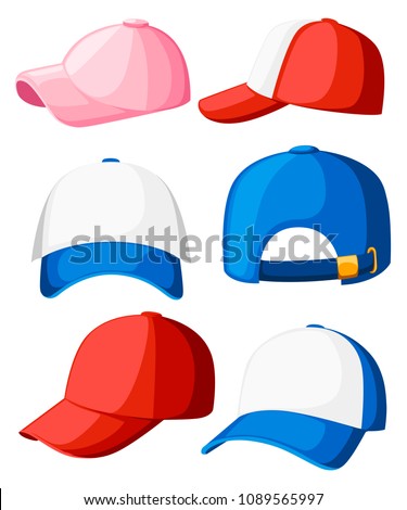 Baseball cap. Collection of various caps. Blue, white, pink and red colors. Summer hats for children and adults. Cartoon style design. Vector illustration isolated on white background. Royalty-Free Stock Photo #1089565997