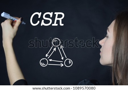 The businessman writes an inscription with a white marker:CSR
