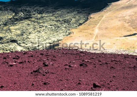 Colorful lava field in Westman island in Iceland, three colors soil, ground, green, yellow and red rocks, moss and field, top view from the mountain