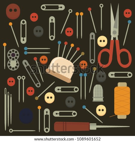 Sewing equipment, dressmaking and needlework accessories icons with coils of threads, pins,tape measure, scissors and buttons. Vector. Sewing accessories pattern. Fashion industry, clothing, sewing.