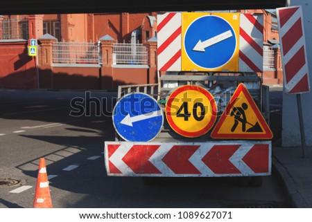 road repair, road signs installed on the roadside