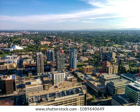 Top view to the downtown from tower over Calgary city, Alberta, Canada