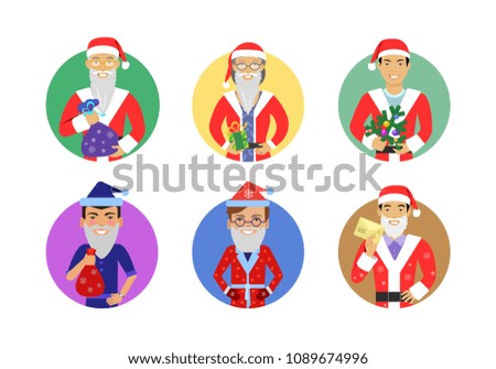 Set of male and female characters of various ethnicity, age, smiling and wearing Santa costume with fake beard