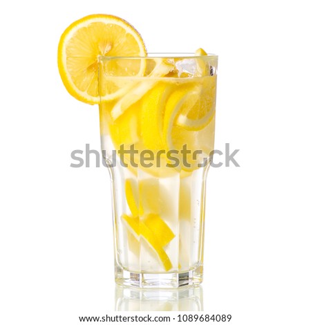 Glass lemonade lemon water with lemon on white background isolation