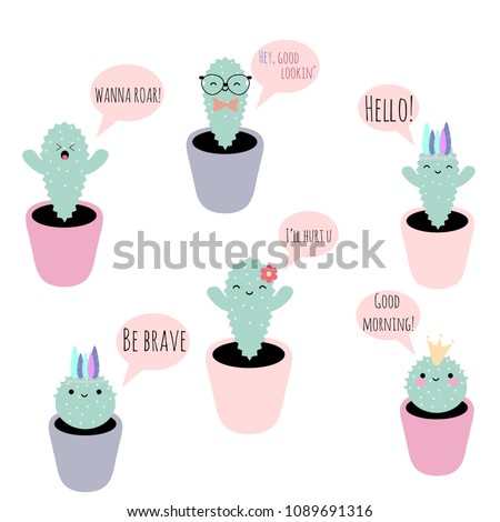 Set of 6 vector potted plants with funny faces and phrases, good for stickers, planning books, bullet journal, scrapbooking, patches, etc. Royalty-Free Stock Photo #1089691316
