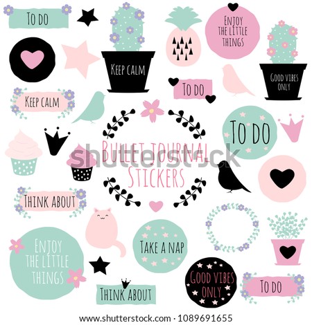 Big set of vector cliparts with phrases, flowers and wreaths for scrapbooking, bullet journals, stickers, patches, greeting cards, etc. Royalty-Free Stock Photo #1089691655