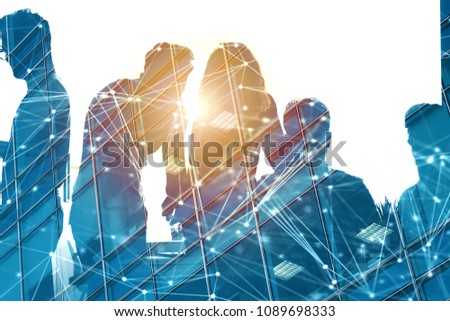 Businessmen that work together in office with network effect. Concept of teamwork and partnership. double exposure