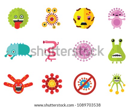 Virus cartoon character icons set. Thirteen vector icons