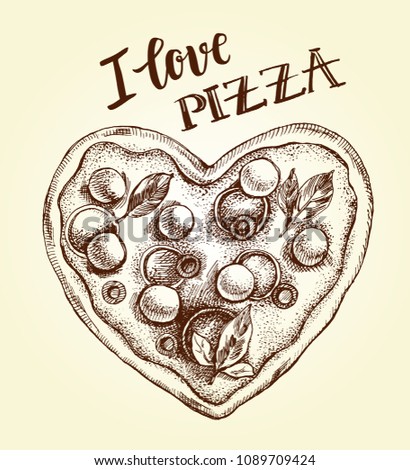 Pizza in the form of a heart. Italian cuisine. Ink hand drawn Vector illustration. Top view. Food element for menu design.