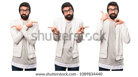 Set of Hipster man pointing to the laterals having doubts