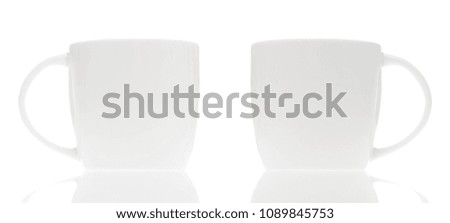 two white cups mock up on white background. design for restaurant menu.