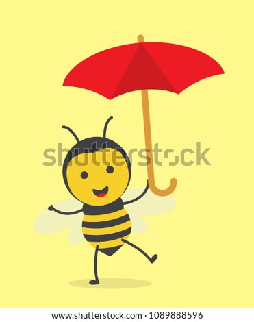 vector illustration character design cute honey yellow bee mascot cheerful hold red umbrella in yellow background