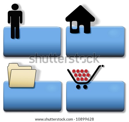Blue Title Icon Symbol Set: Person; Home House; File Folder; Shopping Cart.  Simply add your title in plain white text. Clipping paths included to crop out the drop shadows.