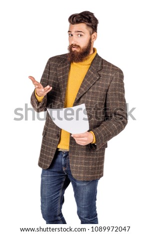 portrait of bearded businessman holding a paper document. human emotion expression and office, business, finances concept. image isolated white background.