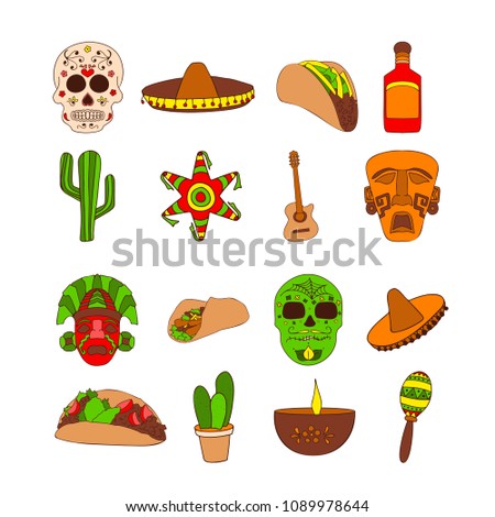 Hand drawn traditional symbols. Design elements about Mexico. Vector illustration clip art