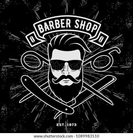Barber shop vintage poster, banner, label, badge, or emblem on dark background. Vector illustration