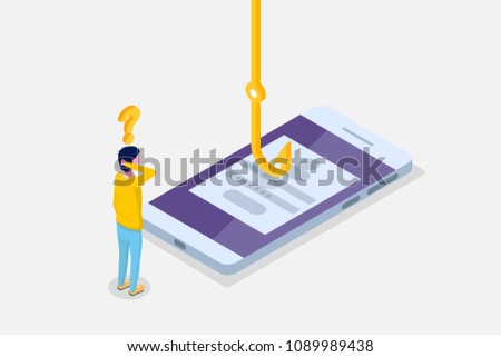 Data phishing isometric, hacking online scam on smartphone concept. Fishing by email, envelope and fishing hook. Cyber thief. Vector illustration.