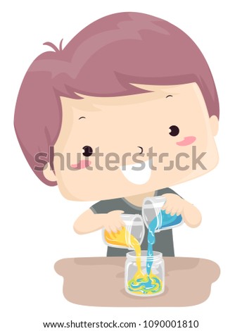 Illustration of a Kid Boy Mixing Yellow and Blue Colors in Glass Containers to Form Green
