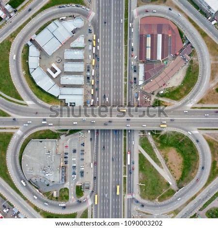 Aerial view of the road junction with cars, Poznyaki district Kiev, Ukraine.
