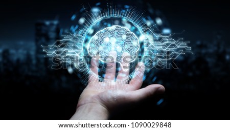 Businessman on blurred background using digital artificial intelligence icon hologram 3D rendering Royalty-Free Stock Photo #1090029848