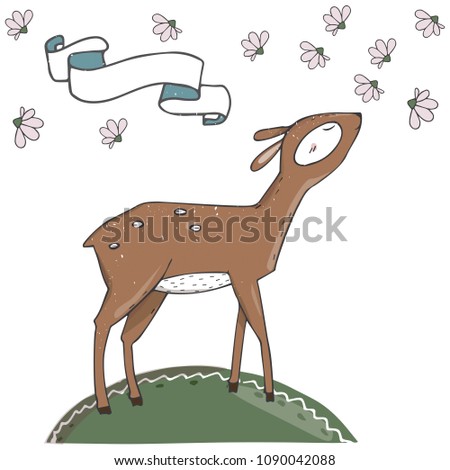 Deer character vector clip art landscape place land color texture for data text birthday celebration greeting cute forest animal ribbon cloud murshrooms smile face on white background