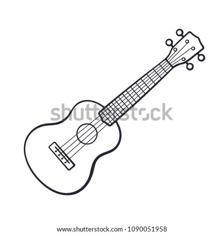 Vector illustration. Hand drawn doodle of classical guitar. String plucked musical instrument. Small acoustic guitar or ukulele. Blues or rock equipment. Cartoon sketch. Isolated on white background